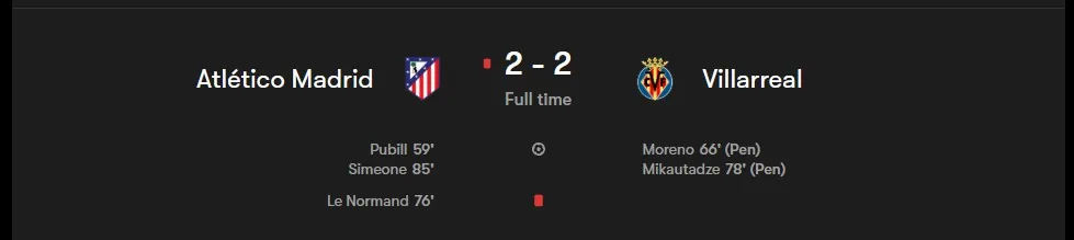 Skóre a karty zo zápasu Atlético - Villarreal